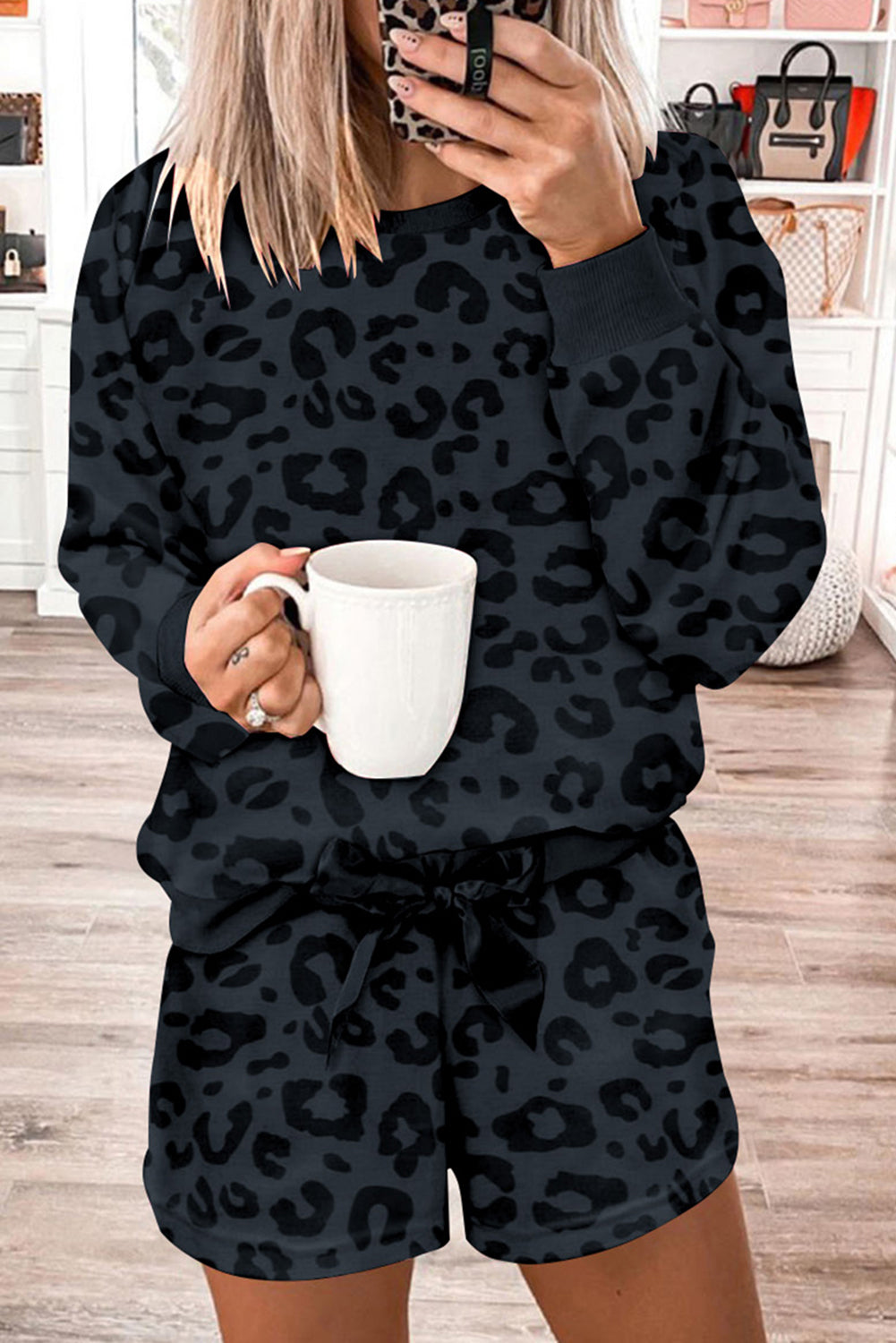 Grey Printed Leopard Long Sleeve Satin Tie Shorts Two Piece Set