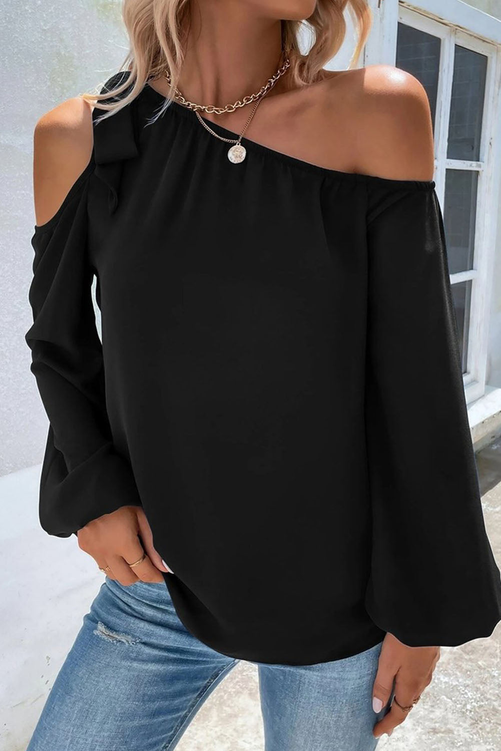 Black Knotted Asymmetric Off Shoulder Blouse