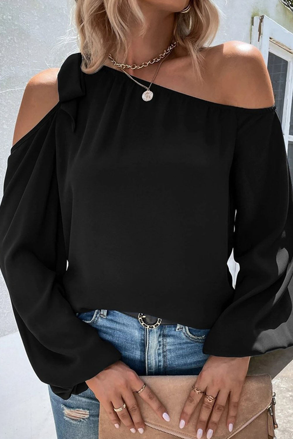 Black Knotted Asymmetric Off Shoulder Blouse