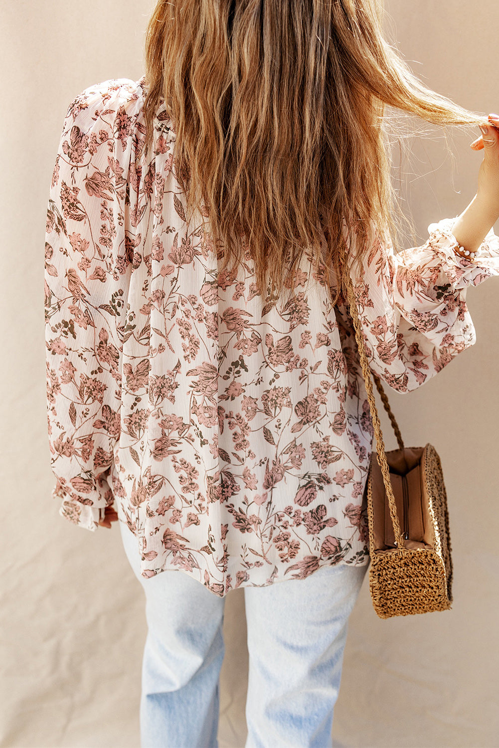 Pink Boho Floral Print Split V Neck Bubble Sleeve Blouse