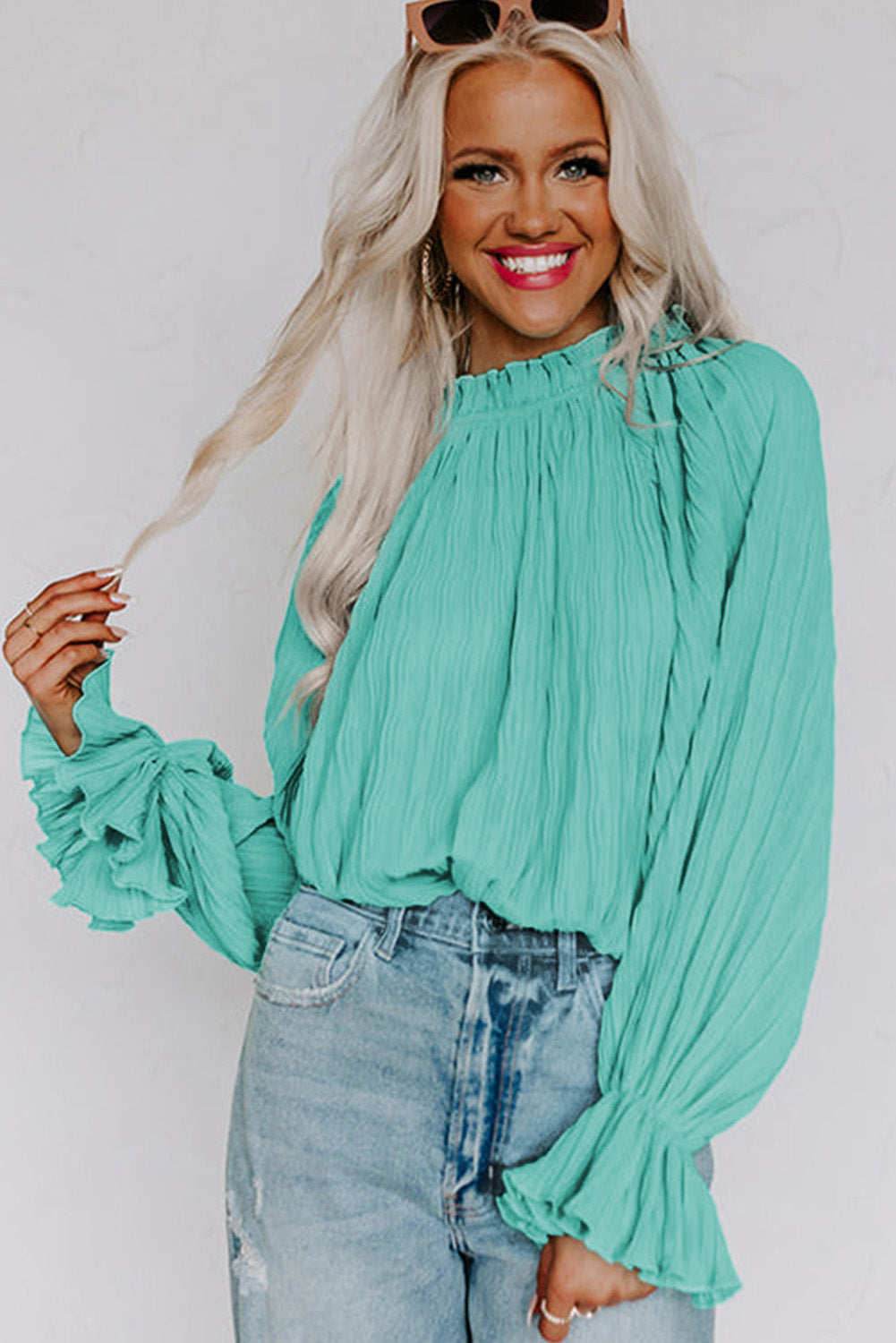 Striking Pleated Flared Cuff Long Sleeve Blouse