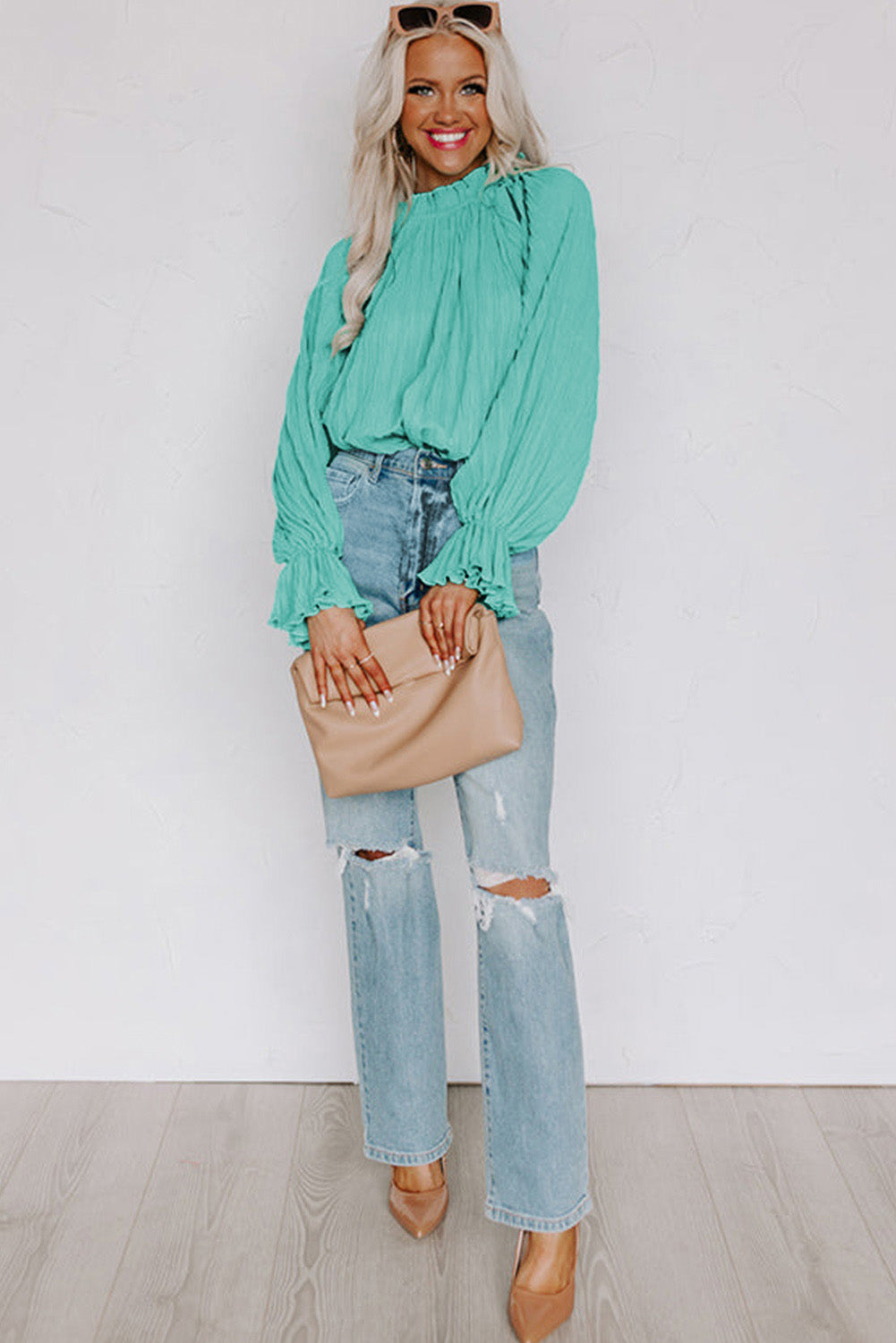 Striking Pleated Flared Cuff Long Sleeve Blouse