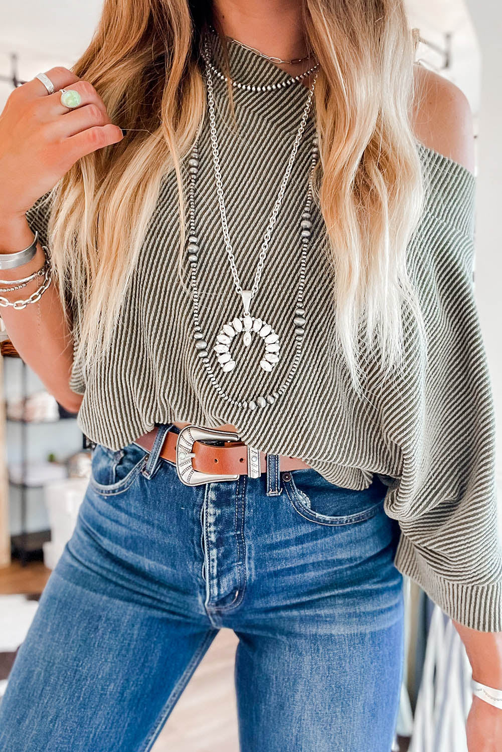 Grey Boatneck Batwing Sleeve Cording Blouse