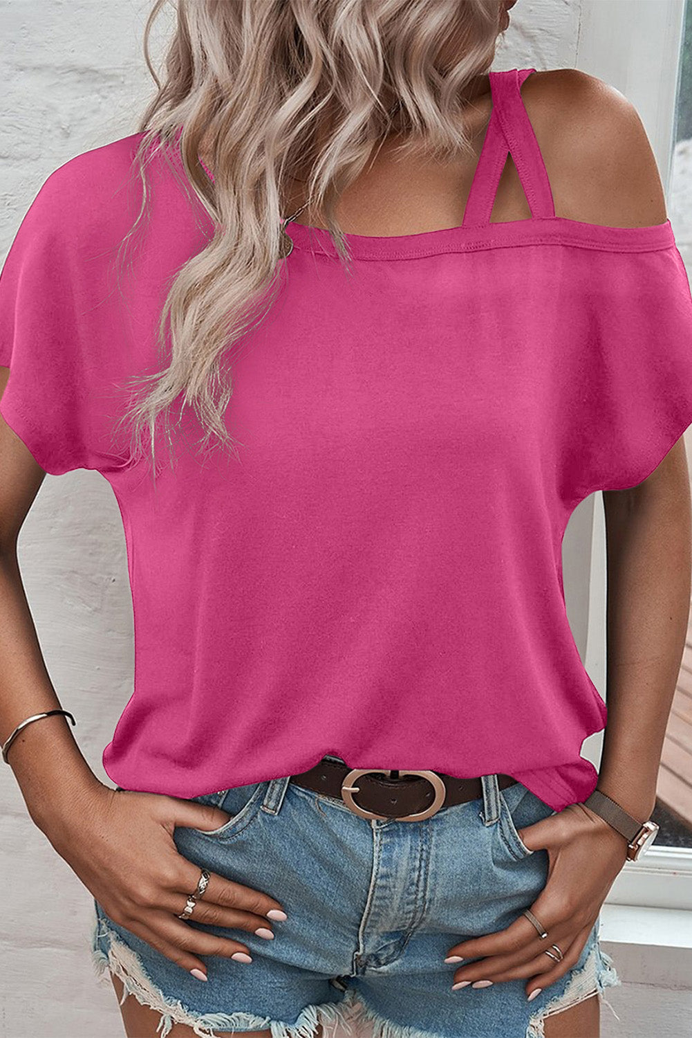 Rose Asymmetric Criss Cross One Shoulder T Shirt