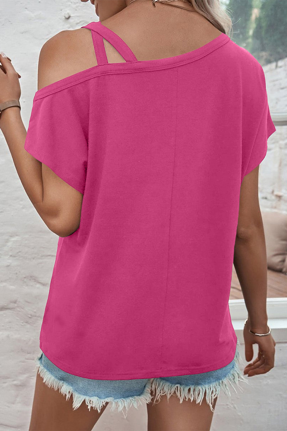 Rose Asymmetric Criss Cross One Shoulder T Shirt