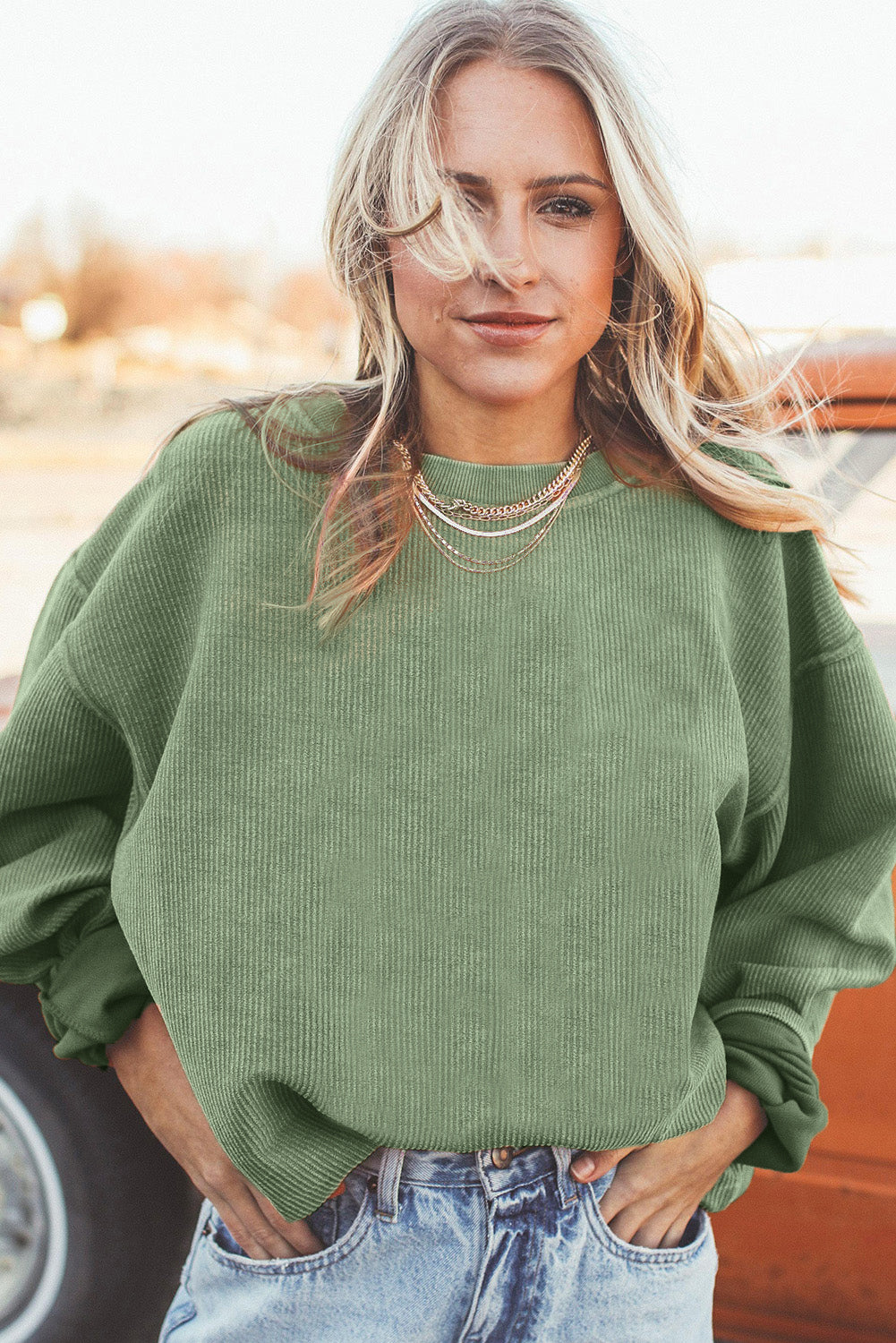 Grass Green JOLENE Ribbed Corduroy Oversized Sweatshirt