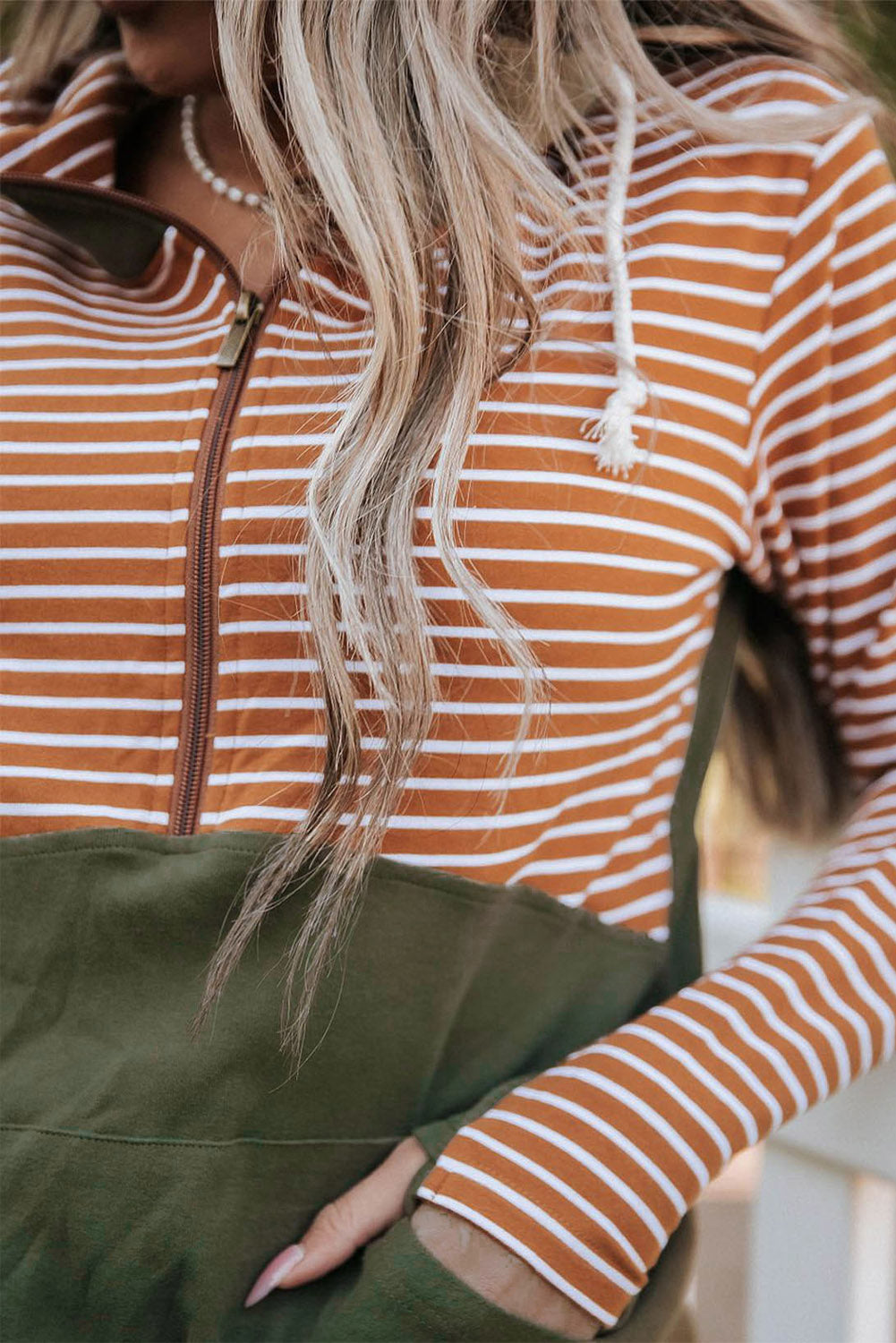 Orange Striped Color Block Patchwork Thumbhole Sleeve Hoodie