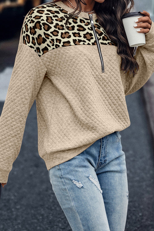 Apricot Leopard Splicing Drop Shoulder Zipped Sweatshirt