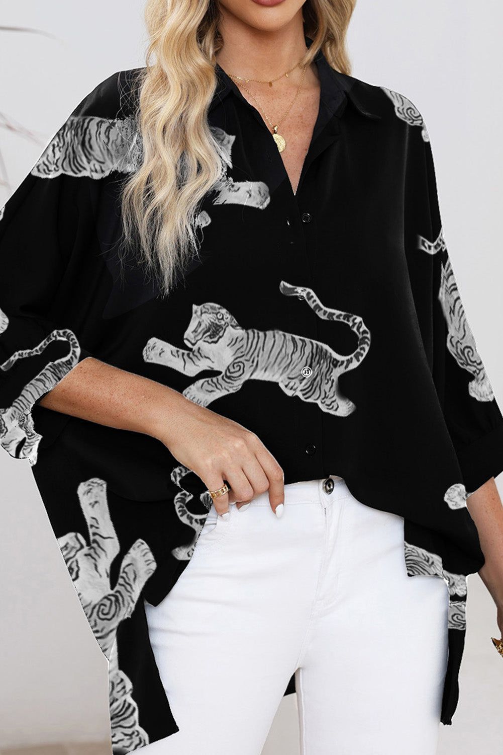 Black Tiger Print 3/4 Sleeve OVERSIZED Shirt