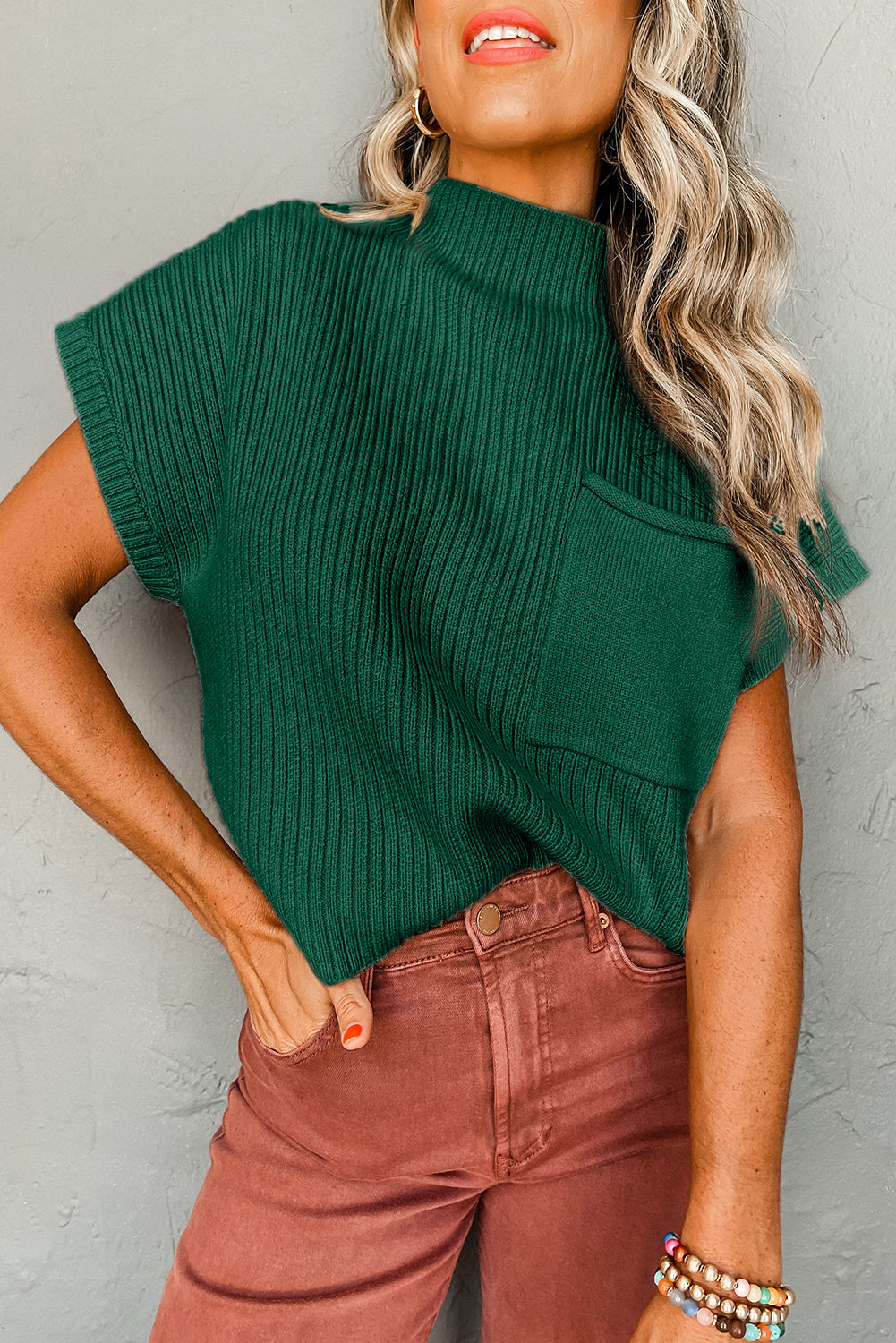 Green Patch Pocket Ribbed Knit Short Sleeve Sweater