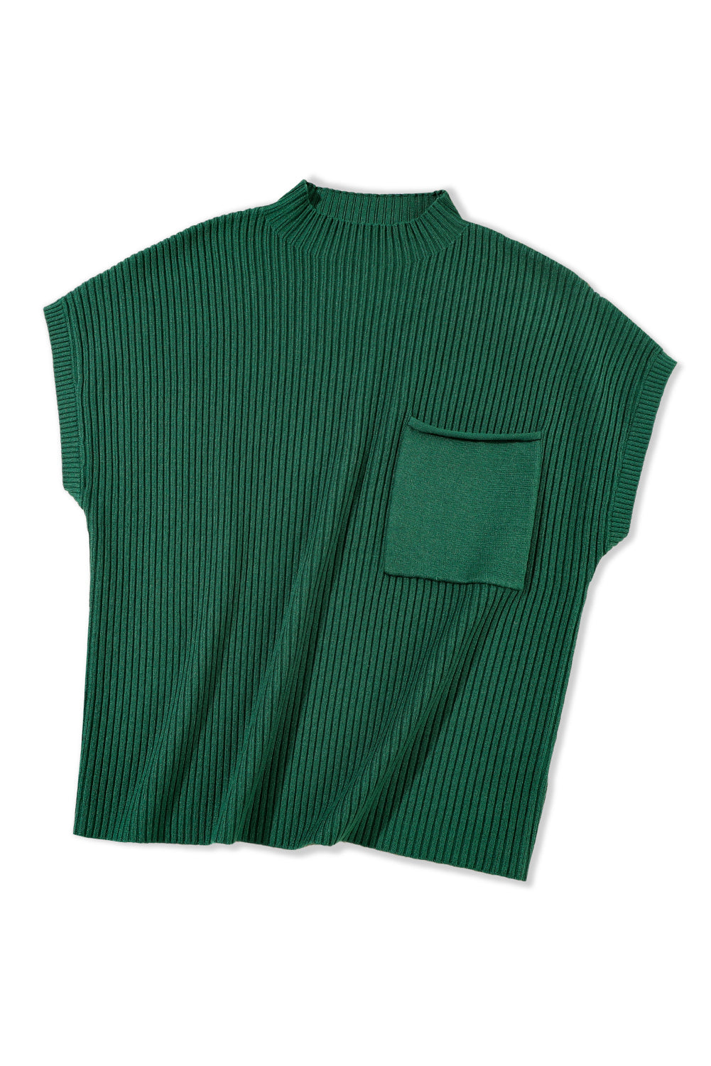 Green Patch Pocket Ribbed Knit Short Sleeve Sweater