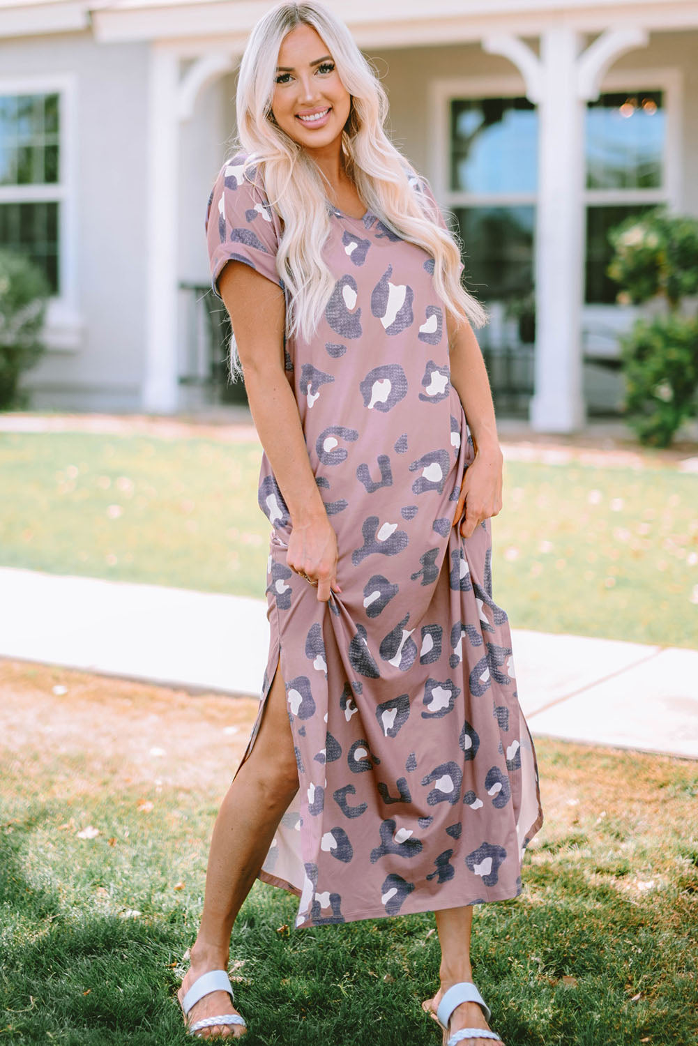 Leopard Print V Neck Long T-shirt Dress