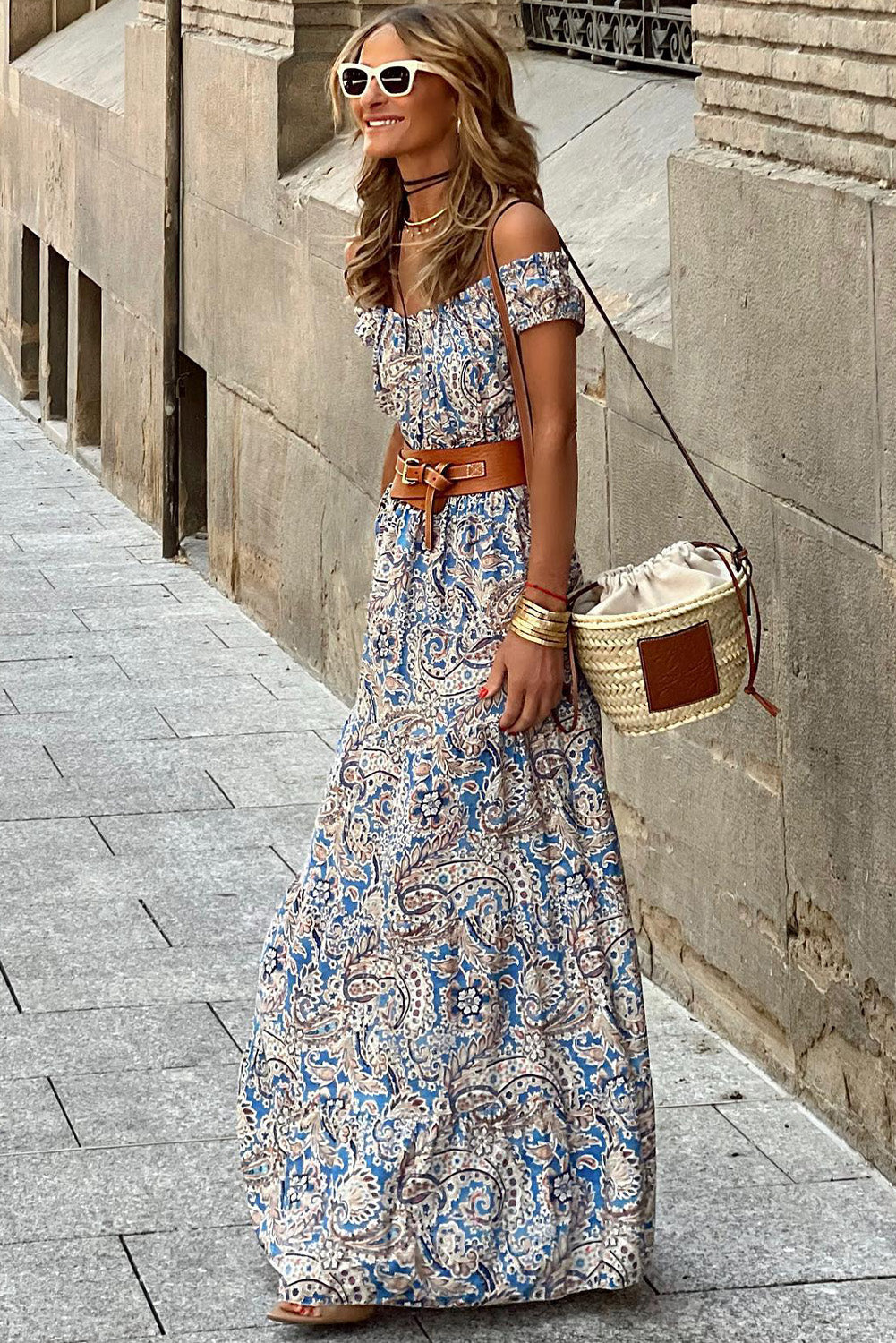 Blue Boho Paisley Print Off Shoulder Maxi Dress (without belt)