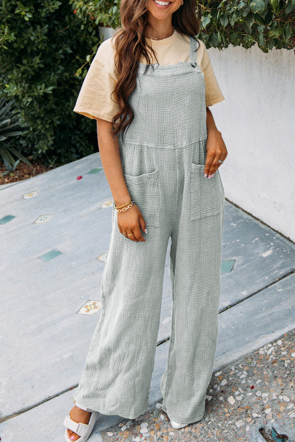 Grey Textured Wide Leg Overall with Pockets