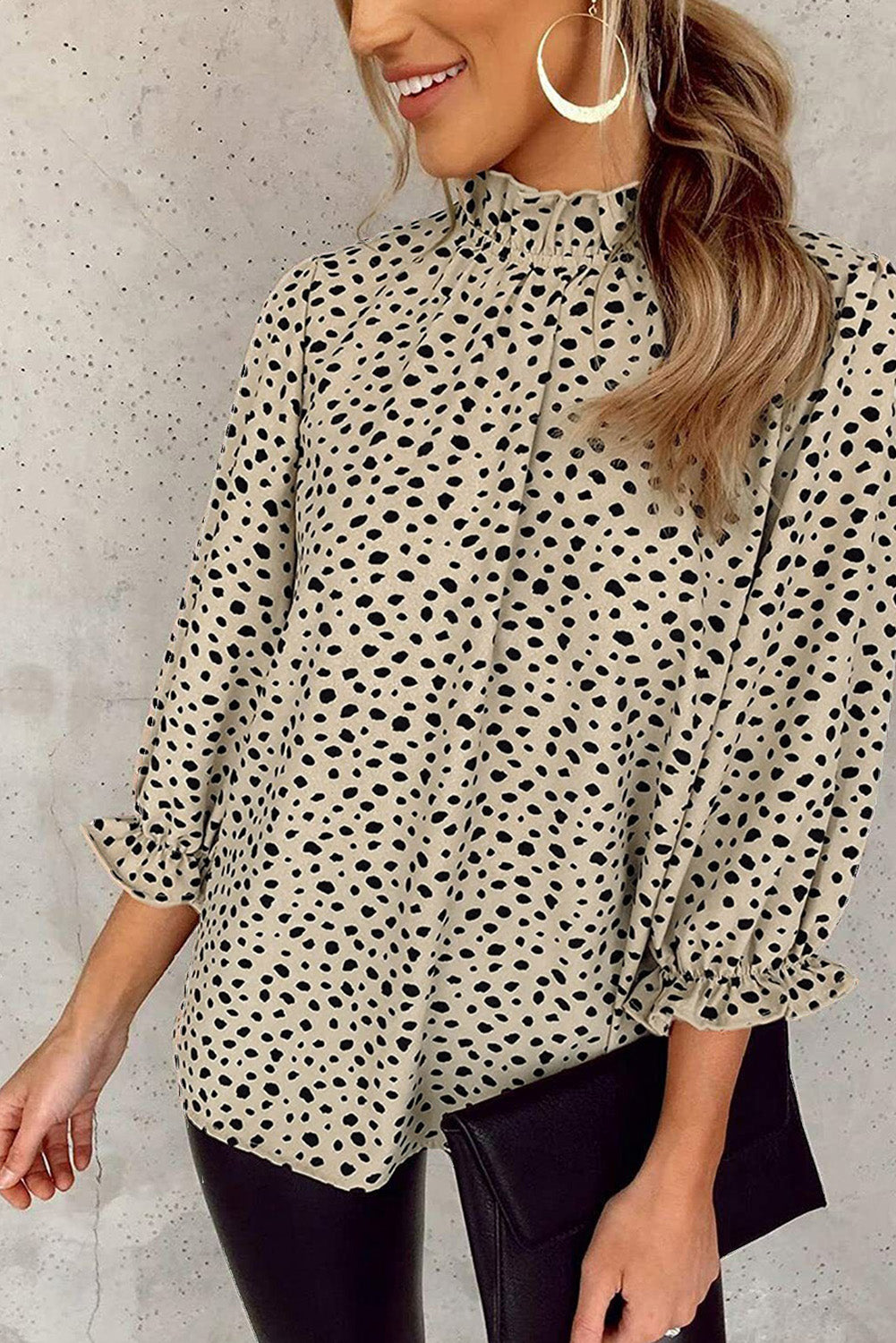 Khaki Frilled Neck 3/4 Sleeves Cheetah Blouse (Loose fit)