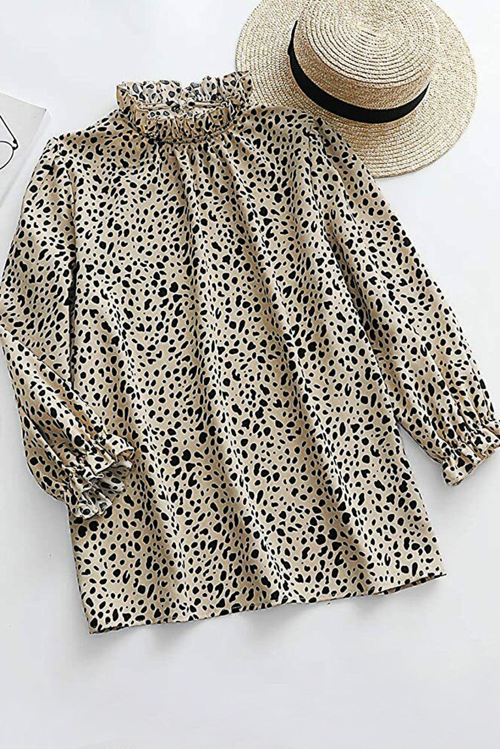 Khaki Frilled Neck 3/4 Sleeves Cheetah Blouse (Loose fit)