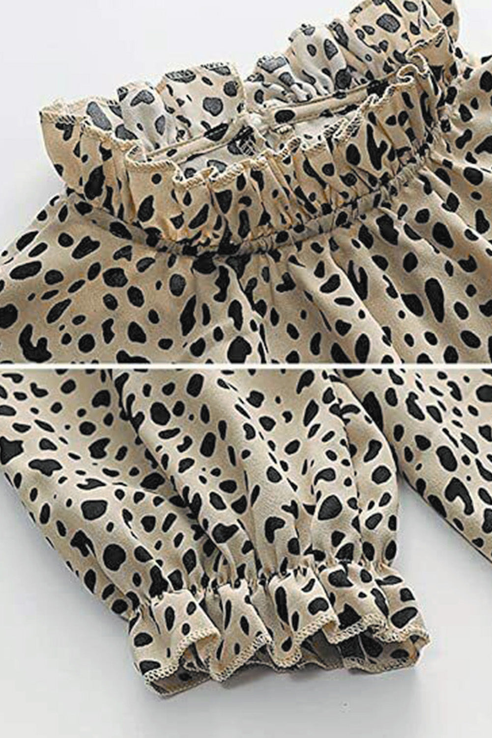 Khaki Frilled Neck 3/4 Sleeves Cheetah Blouse (Loose fit)