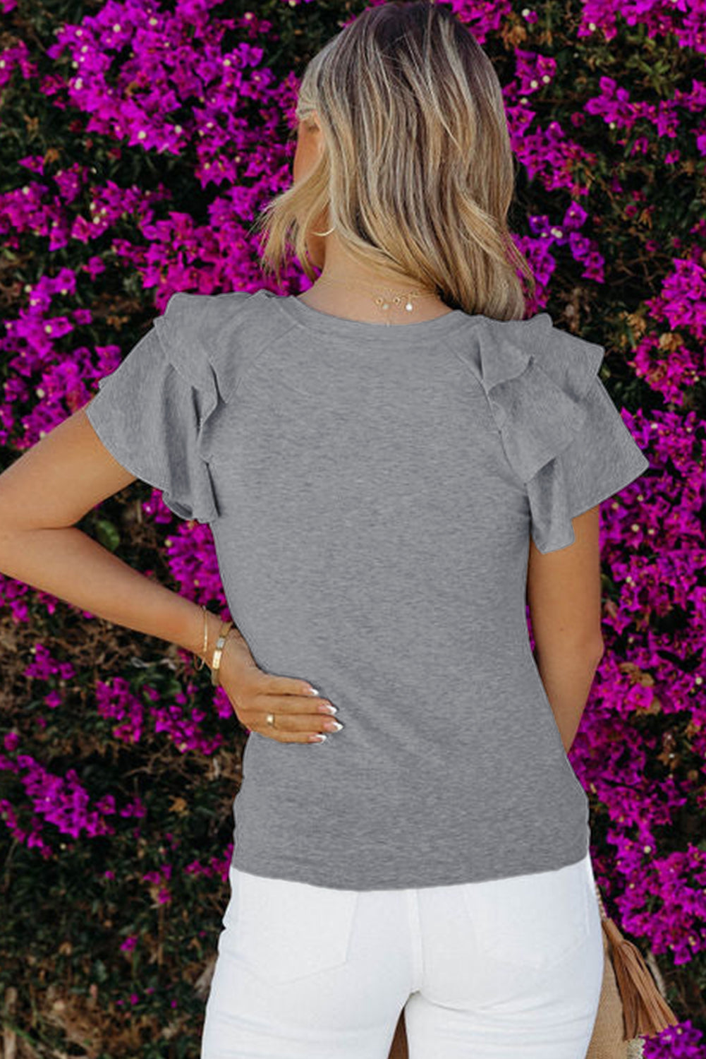 Grey Plain Tiered Ruffled Short Sleeve T Shirt