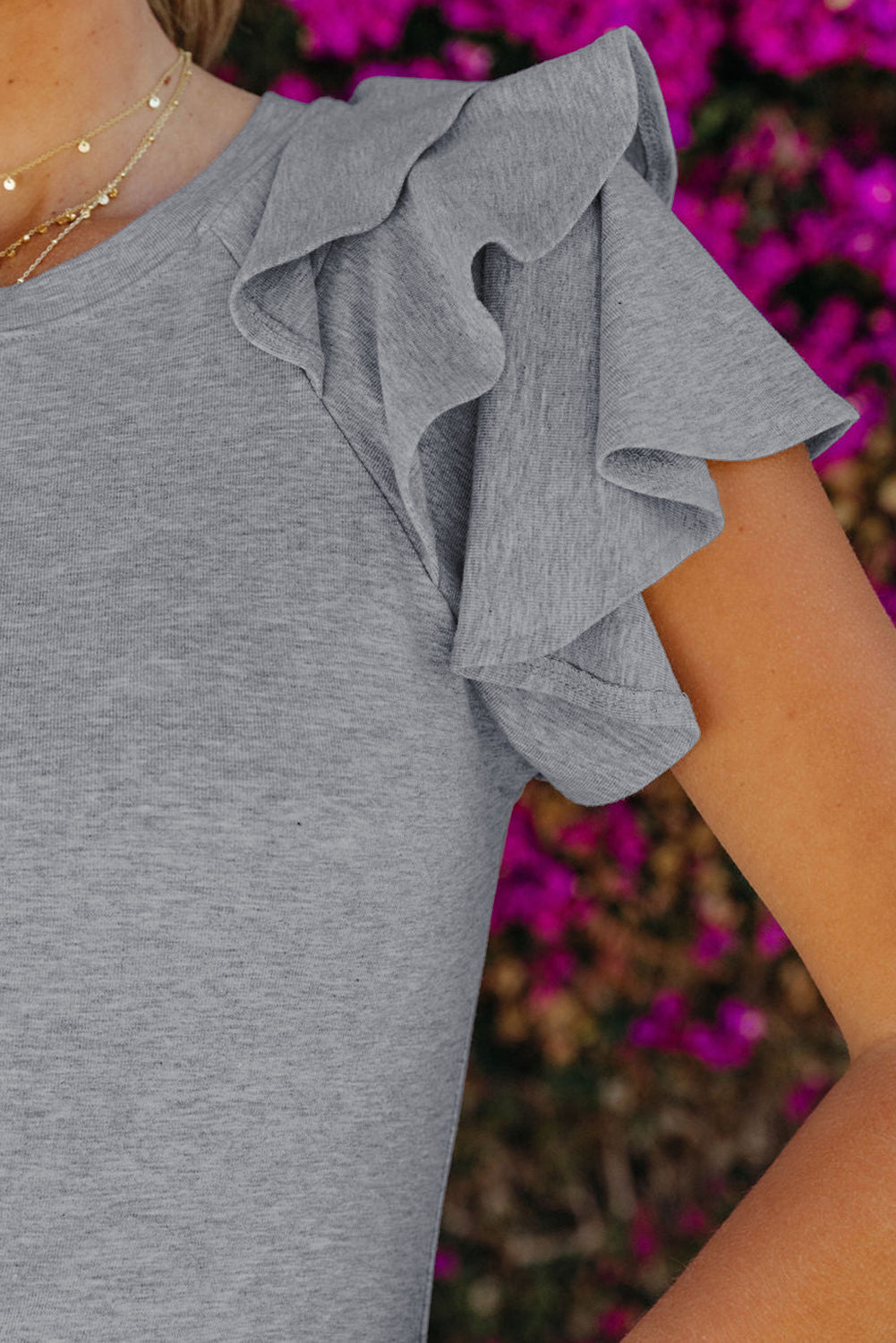 Grey Plain Tiered Ruffled Short Sleeve T Shirt