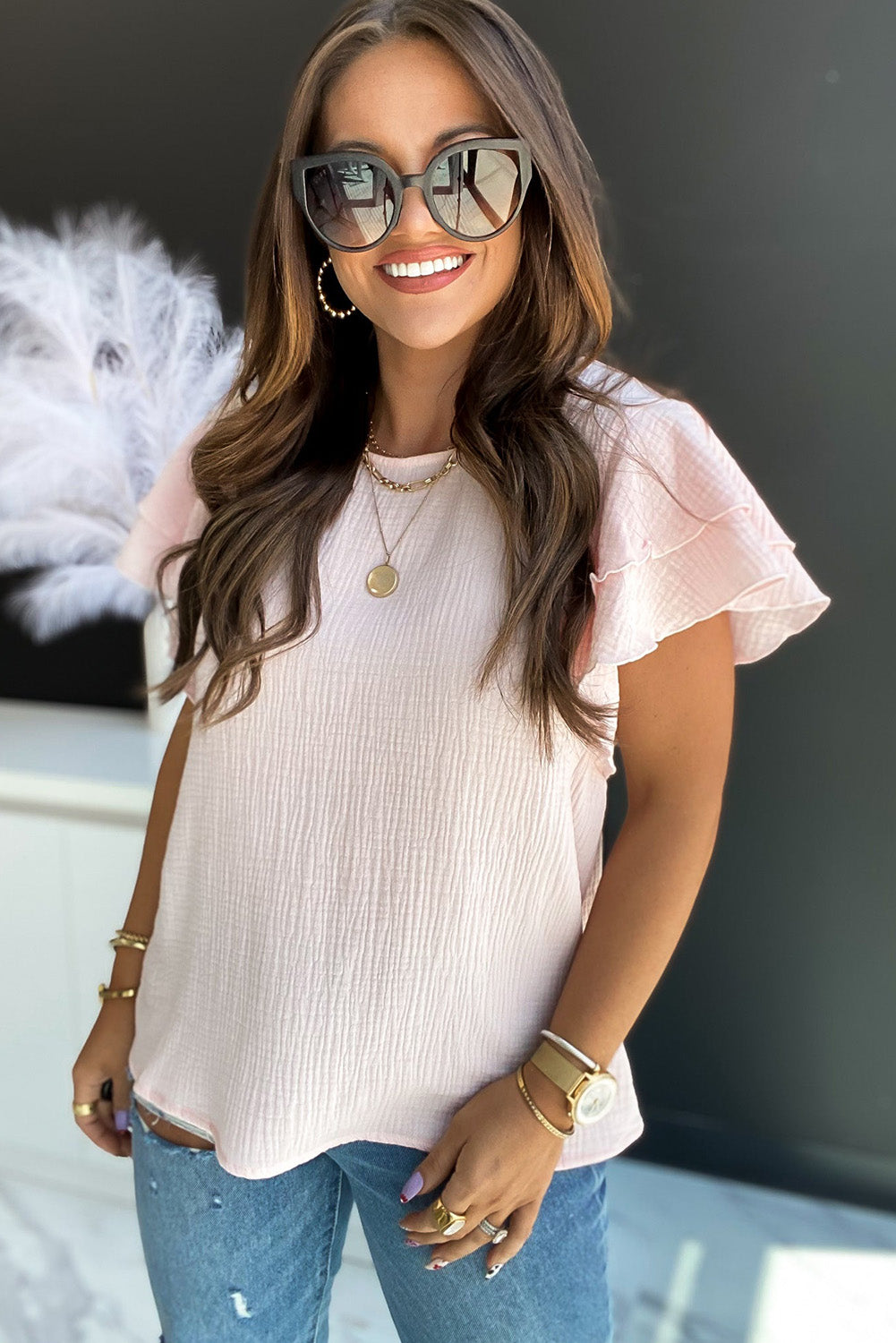 Pink Textured Tiered Ruffled Short Sleeve Blouse