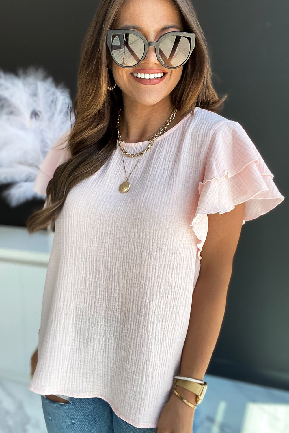 Pink Textured Tiered Ruffled Short Sleeve Blouse