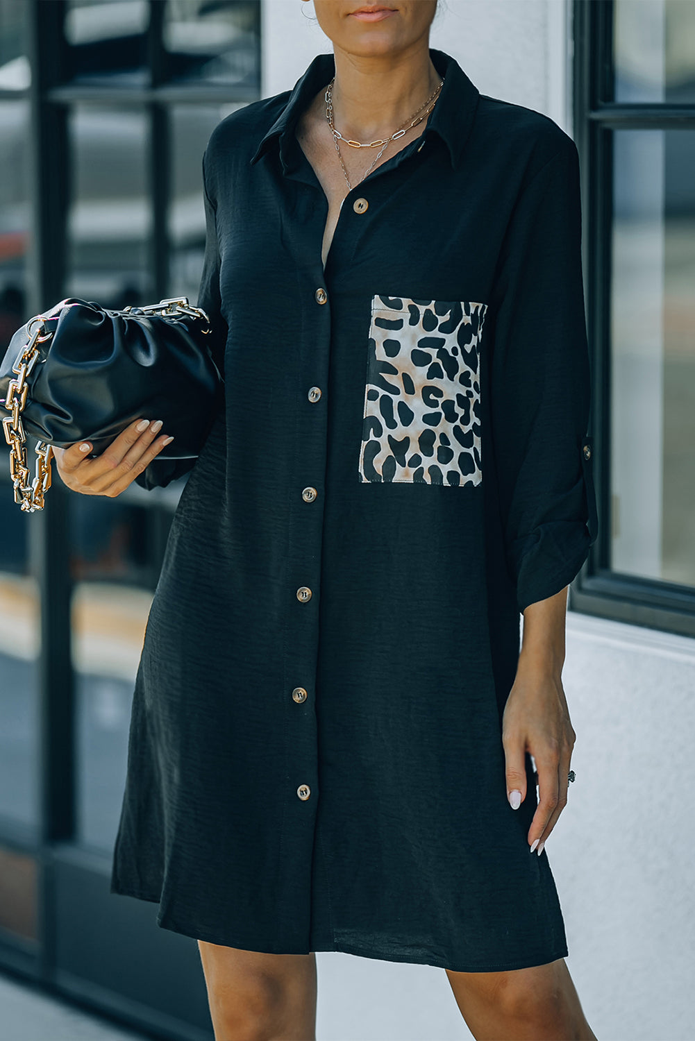 Black Cheetah Print Pocket Button Design Casual Shirt/Dress