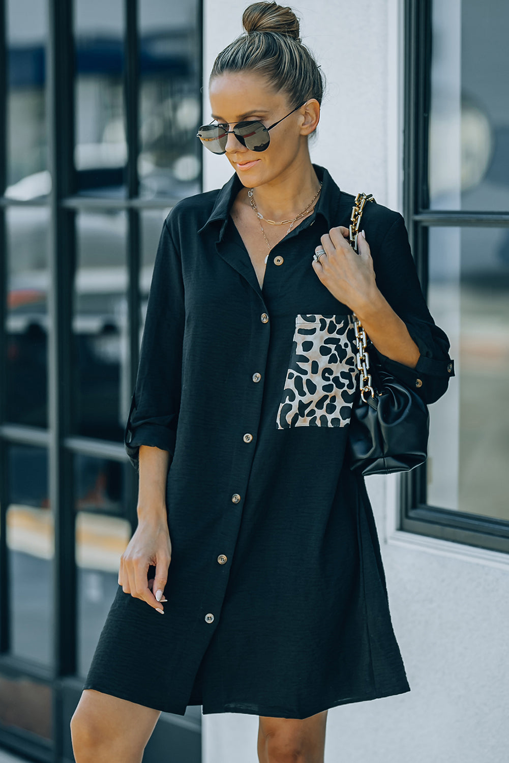 Black Cheetah Print Pocket Button Design Casual Shirt/Dress