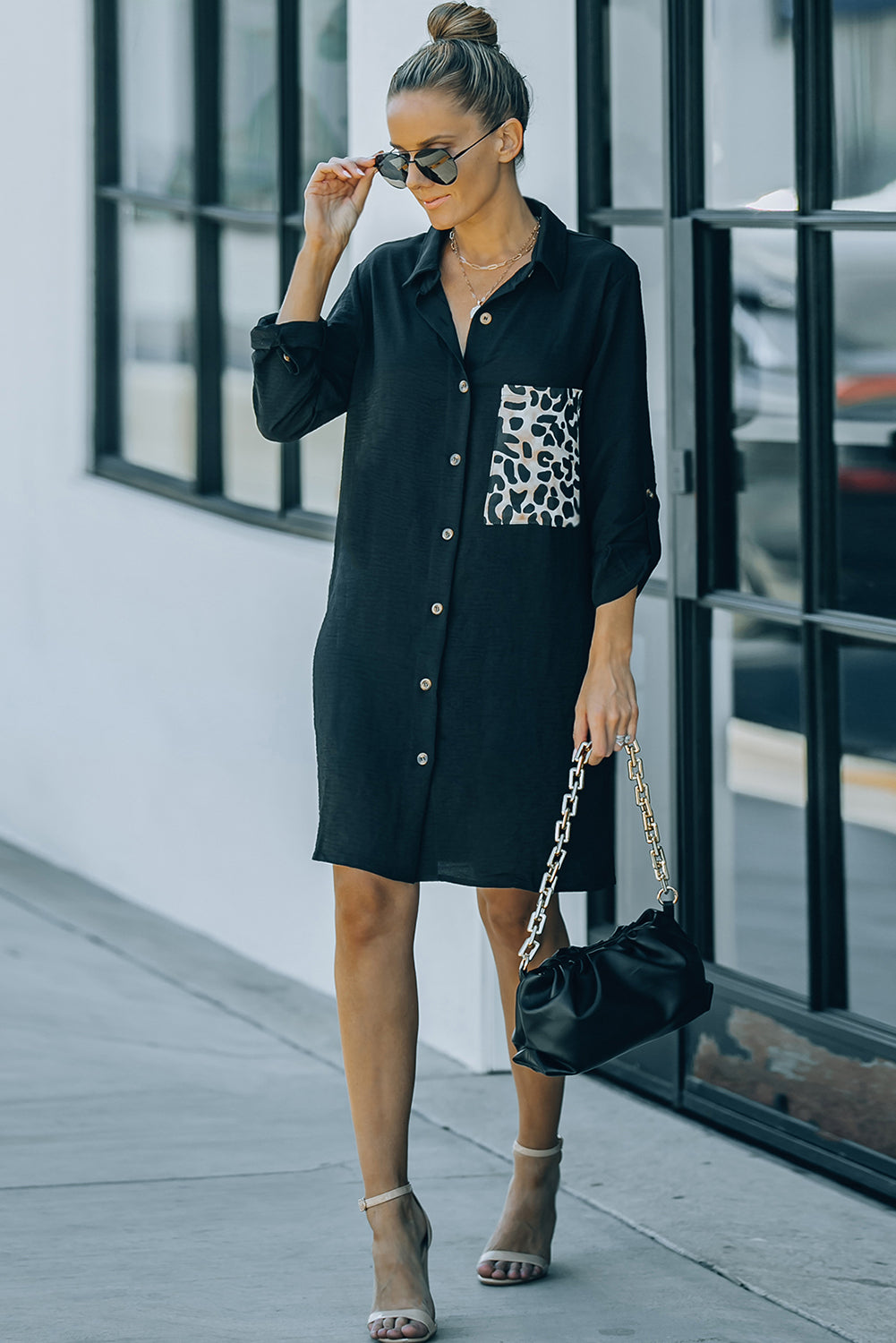Black Cheetah Print Pocket Button Design Casual Shirt/Dress