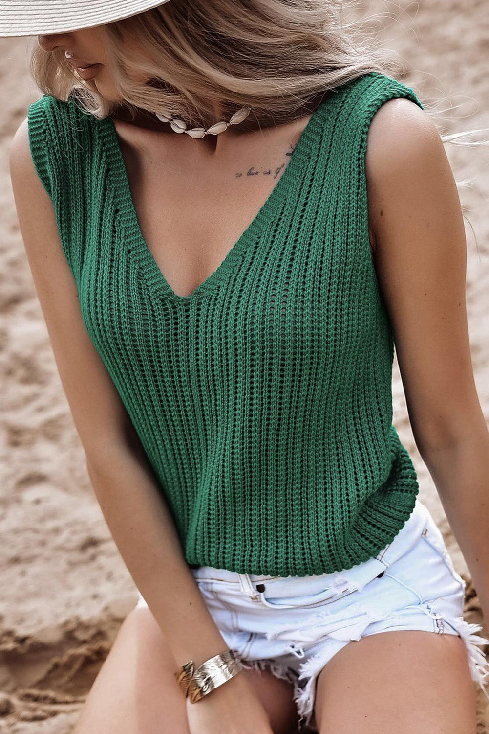 Green Hollowed Knit V Neck Tank Top