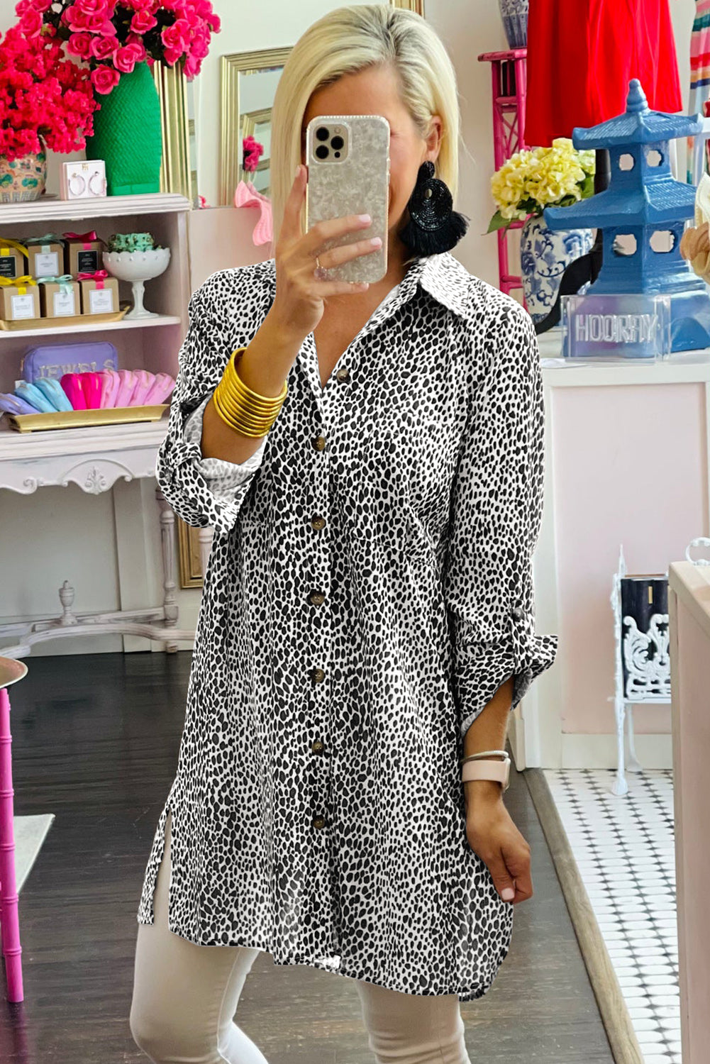 Long Sleeve Leopard Animal Print Shirt Dress