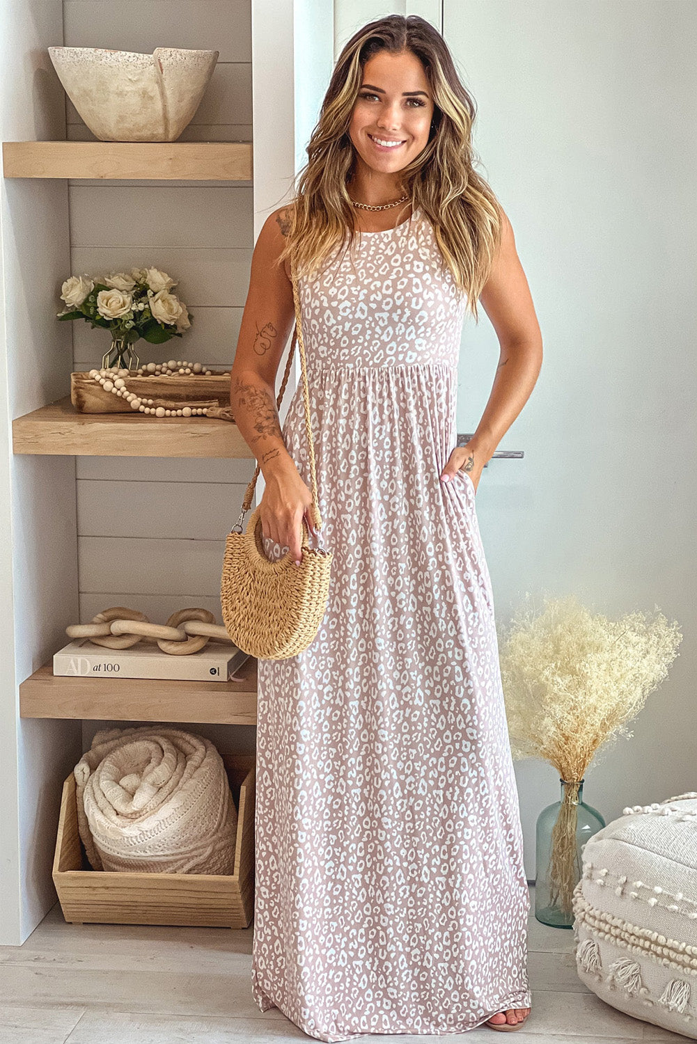 Pink Leopard Print Pocketed Sleeveless Maxi Dress