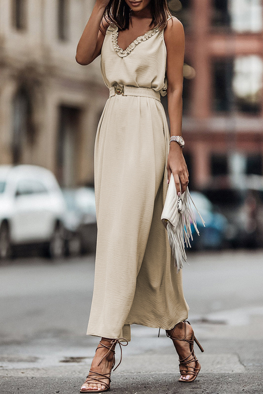 Apricot V Neck Sleeveless Maxi Dress with Elastic Belt Dainty Dot Wear Apricot V Neck Sleeveless Maxi Dress with Elastic Belt Dainty Dot Wear