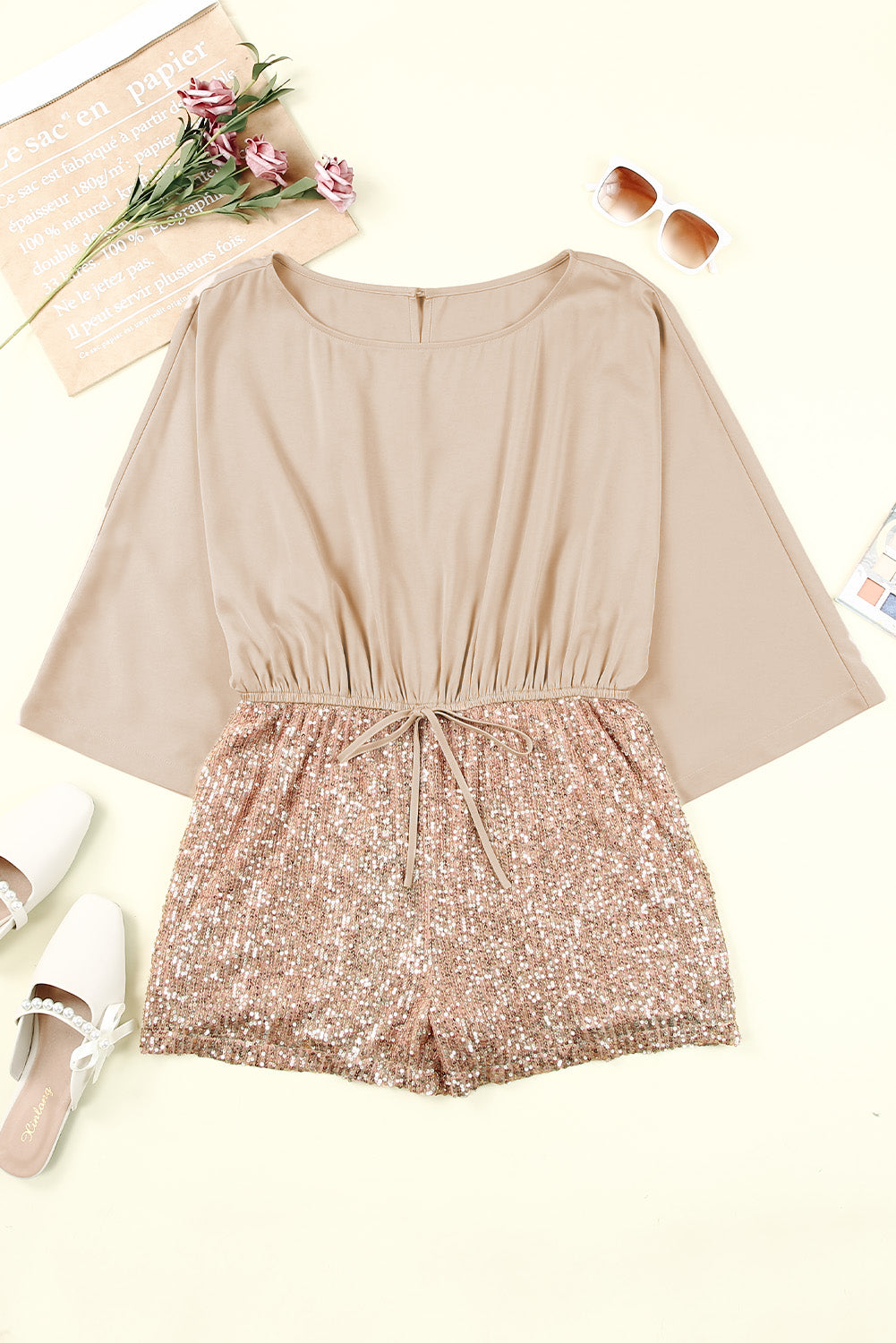 Sequin Patchwork Drawstring High Waist Romper
