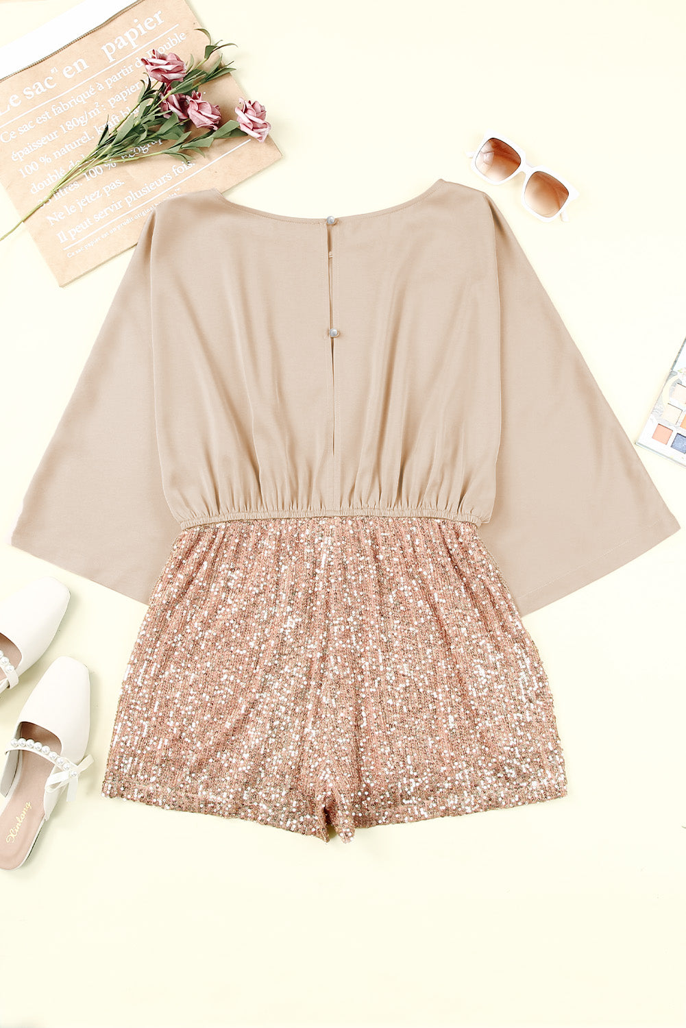 Sequin Patchwork Drawstring High Waist Romper