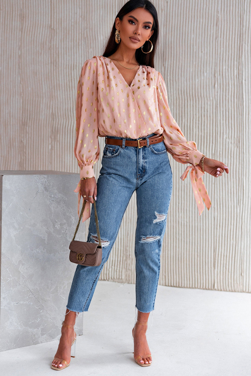 Orange Metallic Gold Polka Dot Surpliced Long Sleeves Bodysuit