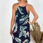 Palm Tree Leaf Print Navy Sleeveless Dress