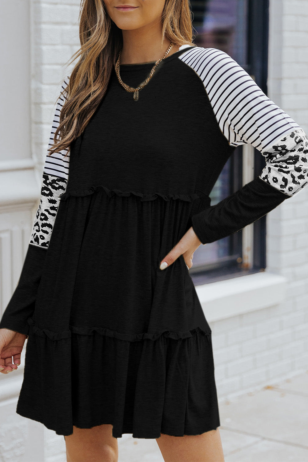 Black Striped Leopard Patchwork Long Sleeve Mini Dress