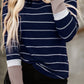 Blue Extend Color Block Cuffs Rib Knit Striped Pullover