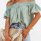 Green Off Shoulder Textured Ruched Ruffle Blouse