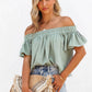 Green Off Shoulder Textured Ruched Ruffle Blouse