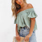 Green Off Shoulder Textured Ruched Ruffle Blouse