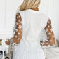 White Floral Applique Mesh Sleeves Textured Knit Blouse