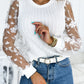 White Floral Applique Mesh Sleeves Textured Knit Blouse