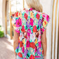 Multicolor Abstract Floral Print Frilled Neck Pleated Blouse