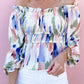 White Abstract Print Frill Off Shoulder Bubble Sleeve Blouse