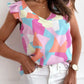 Multicolor Pastel Geometric Print V-Neck Pleated Cap Sleeve Top