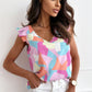 Multicolor Pastel Geometric Print V-Neck Pleated Cap Sleeve Top