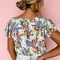 Sky Blue Floral Buttoned Round Neck Ruffled Sleeve Blouse