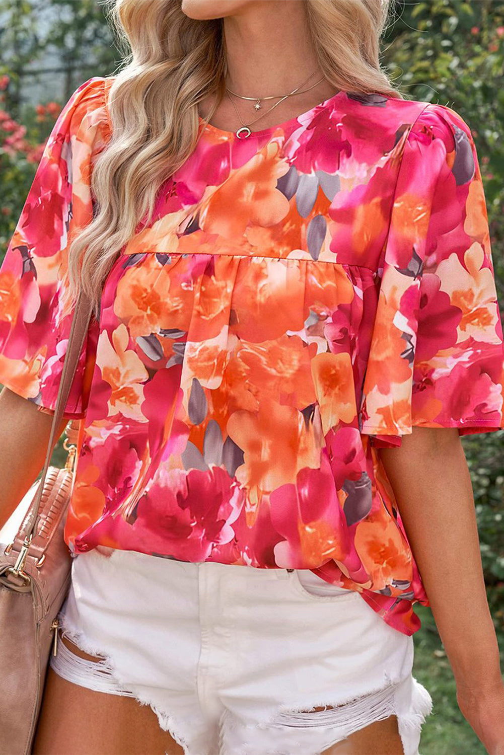 Fiery Red Floral Print Wide Sleeve Blouse