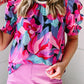 Red Floral Print Shirred Puff Sleeve Blouse